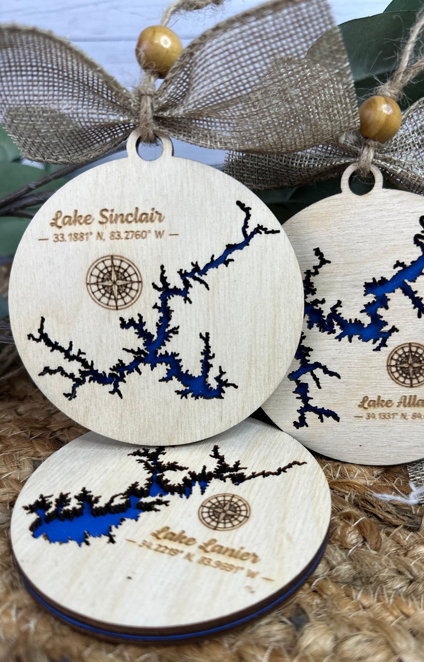Handcrafted 3D Wooden Lake Ornament - Georgia