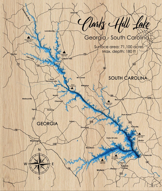 Clarks Hill Lake 3D Framed Picture Map,  Wooden Engraved Map,