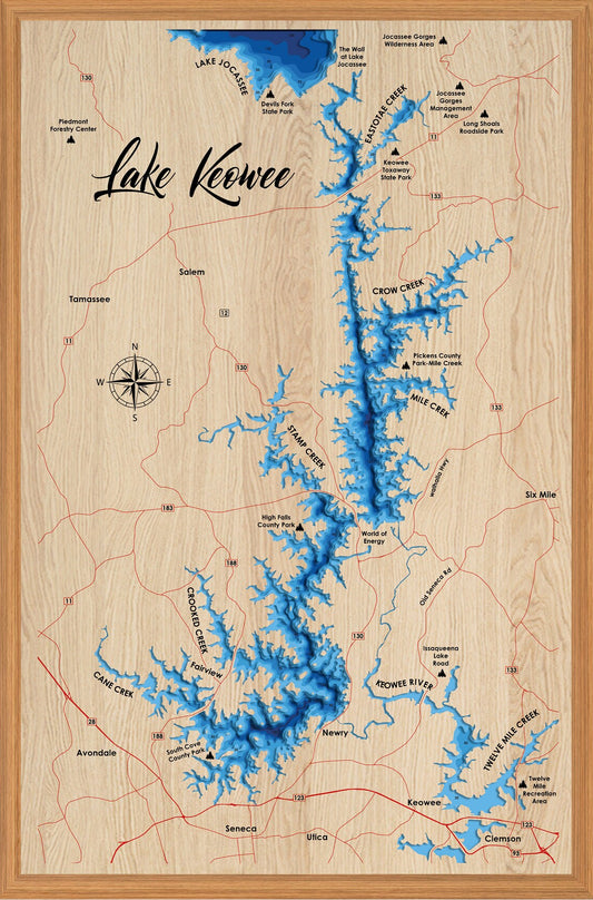 Lake Keowee 3D Framed Picture Map, Wooden Engraved Map