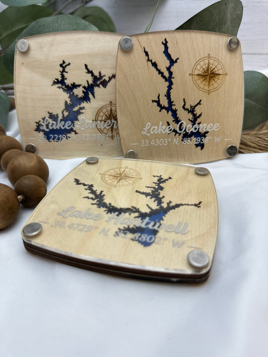 Handcrafted 3D Wooden Lake Coasters - North Carolina