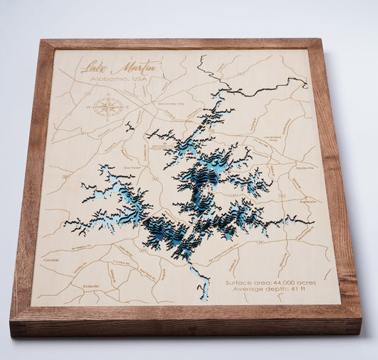 Lake Martin 3D Framed Picture Map,  Wooden Engraved Map