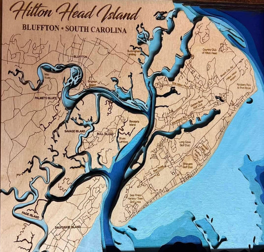 Hilton Head 3D Framed Picture Map,  Wooden Engraved Map,