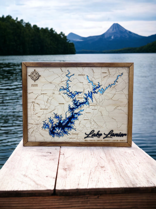 Lake Lanier 3D Framed Picture Map, Lake Sidney Lanier, Wooden Engraved Map,